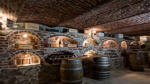 A cellar with stone walls, wooden barrels, and wine racks. - Cascina Veja (Chiusa di Pesio)