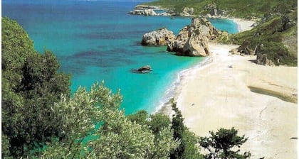 Casa de piedra con vistas al mar y una hermosa piscina en un frondoso jardín