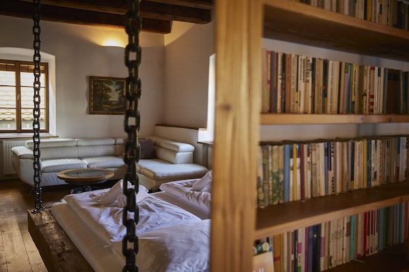 A cozy reading nook with a swing chair, a sofa, and a bookshelf filled with books. - Krumlov Mill Apartments (Cesky Krumlov)