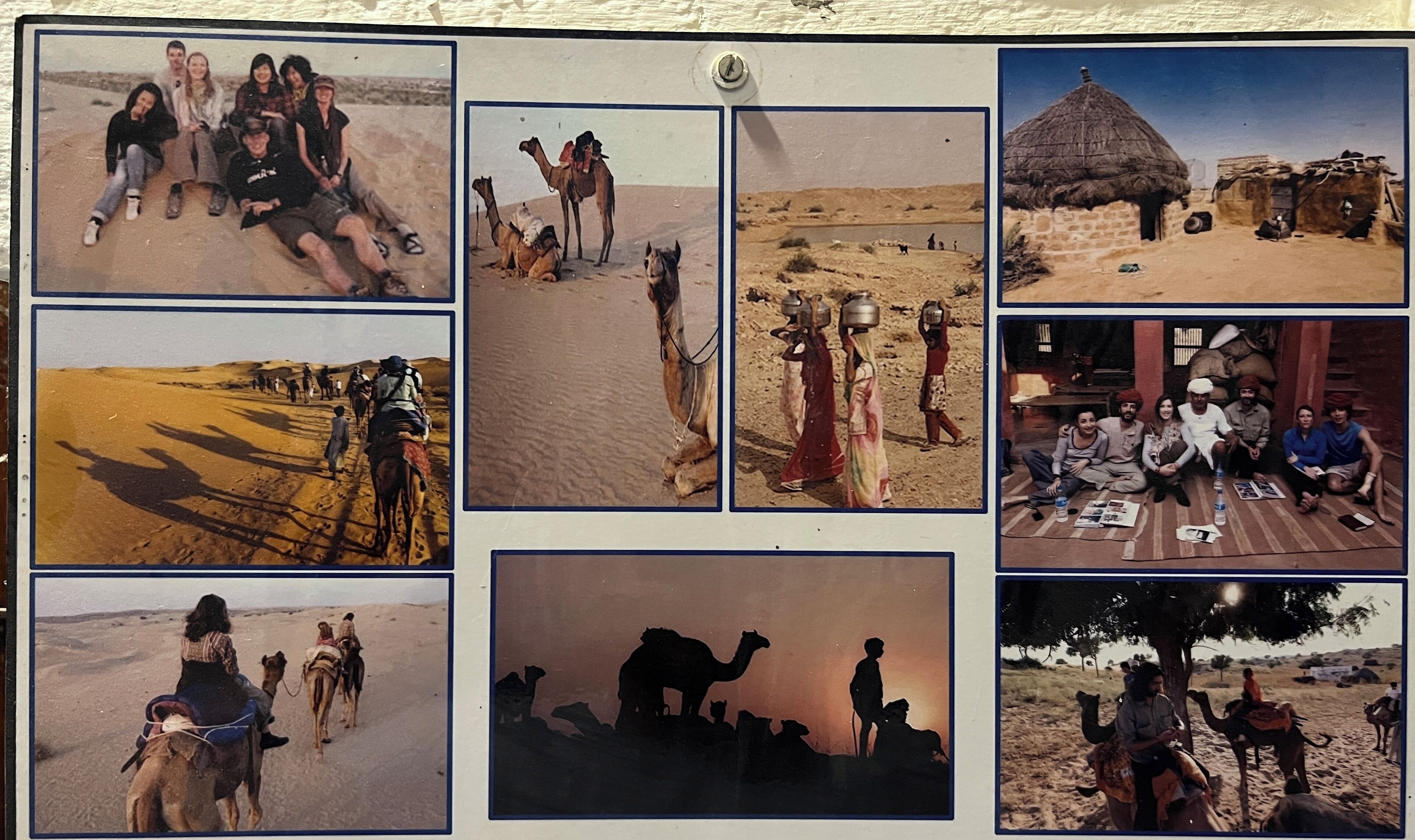 A collage of desert scenes including people on camels, a traditional hut, and a group around a table.