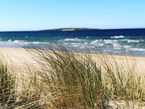 Une plage avec du sable et de l’herbe au premier plan, et une mer calme à l’arrière-plan.
