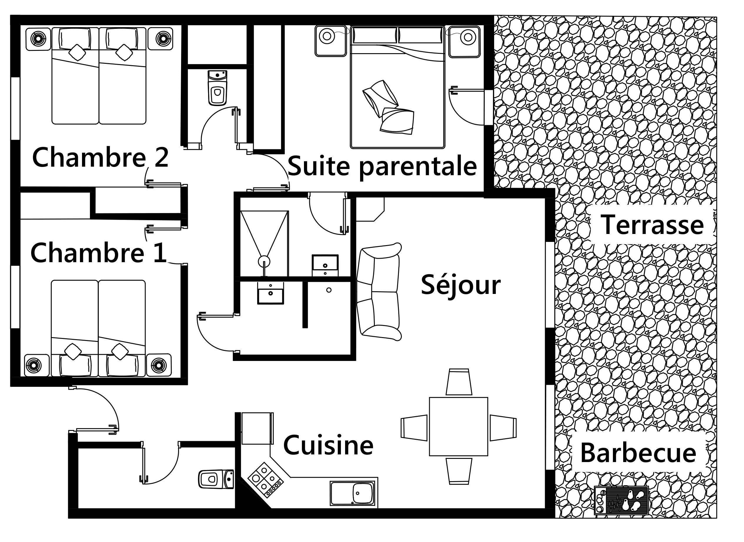 Plano de planta de un hotel con dos dormitorios, una suite para padres, sala de estar, cocina, terraza y zona de barbacoa.