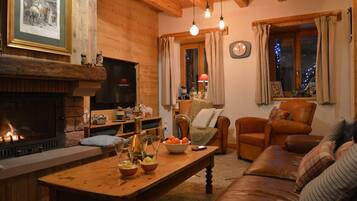 TV, fireplace, books