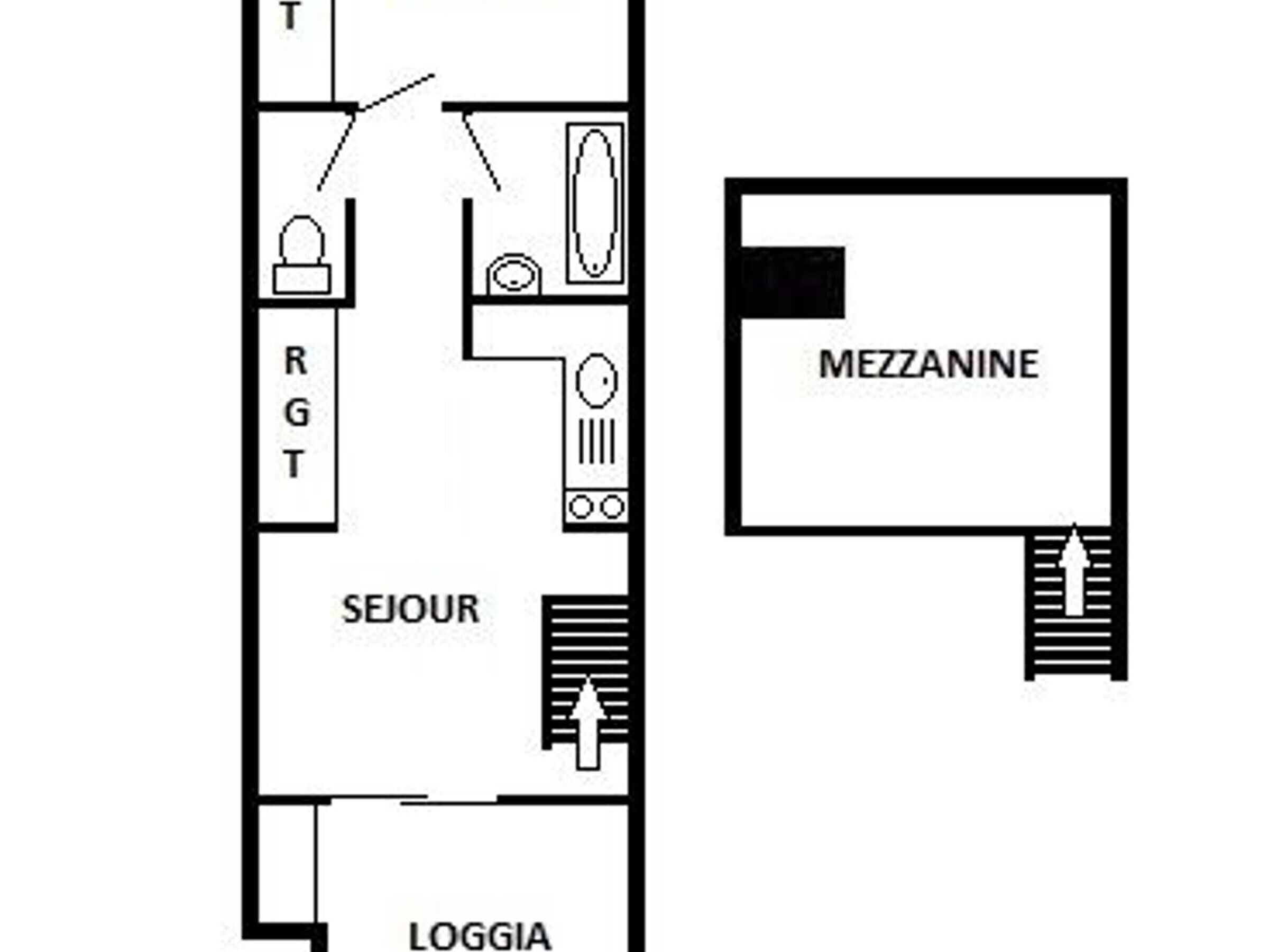A hotel floor plan with a MEZZANINE, SEJOUR, LOGGIA, and RGT rooms.