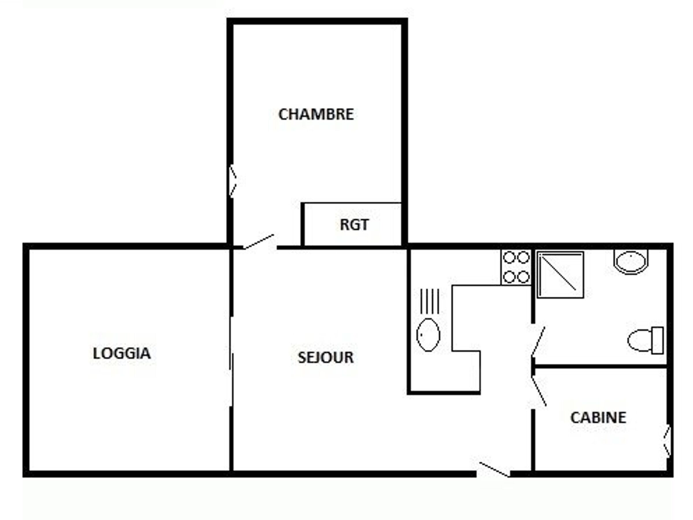 A floor plan with a loggia, chamber, sejour, and cabine.