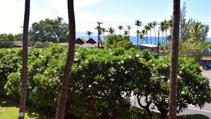 A view of a coastal area with palm trees, a road, and buildings in the background. - Beautiful Partial Ocean View Condo with Tropical Furnishings (Kihei)