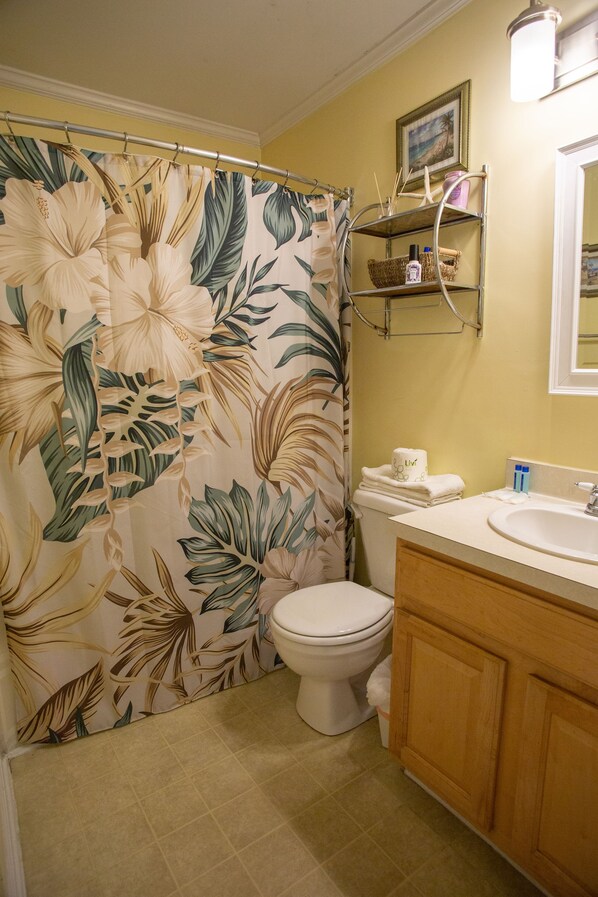 A bathroom with a toilet, sink, shower curtain with floral pattern, and a shelf with toiletries.