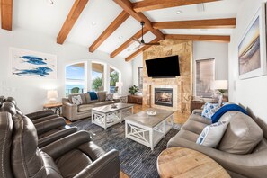 Smart TV, fireplace, music library, video library