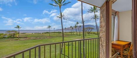 A balcony with a view of a grassy area and palm trees, a wooden table, and a chair.