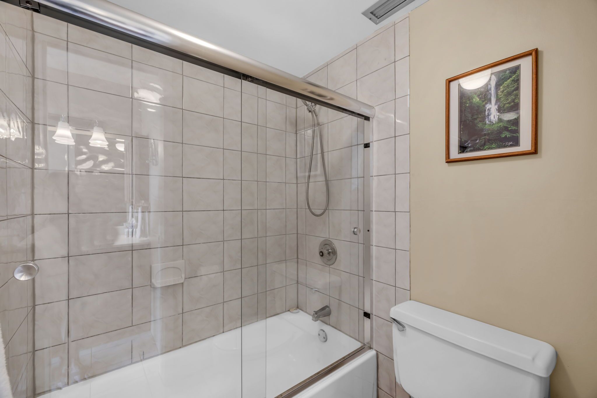 Casa de banho com banheira, chuveiro e sanita.