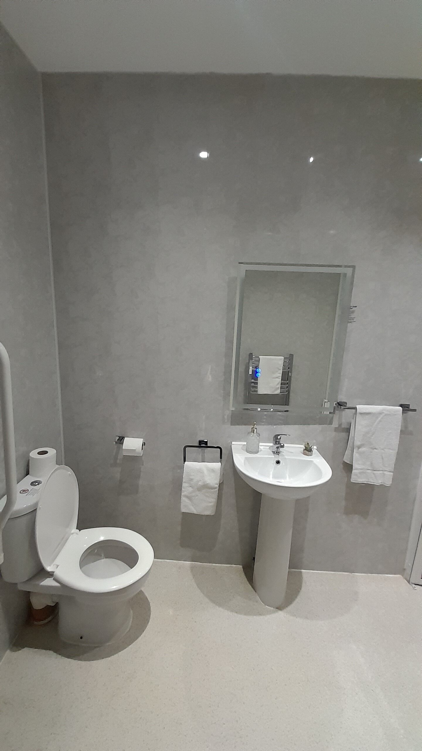 A modern bathroom with a toilet, sink, and mirror.
