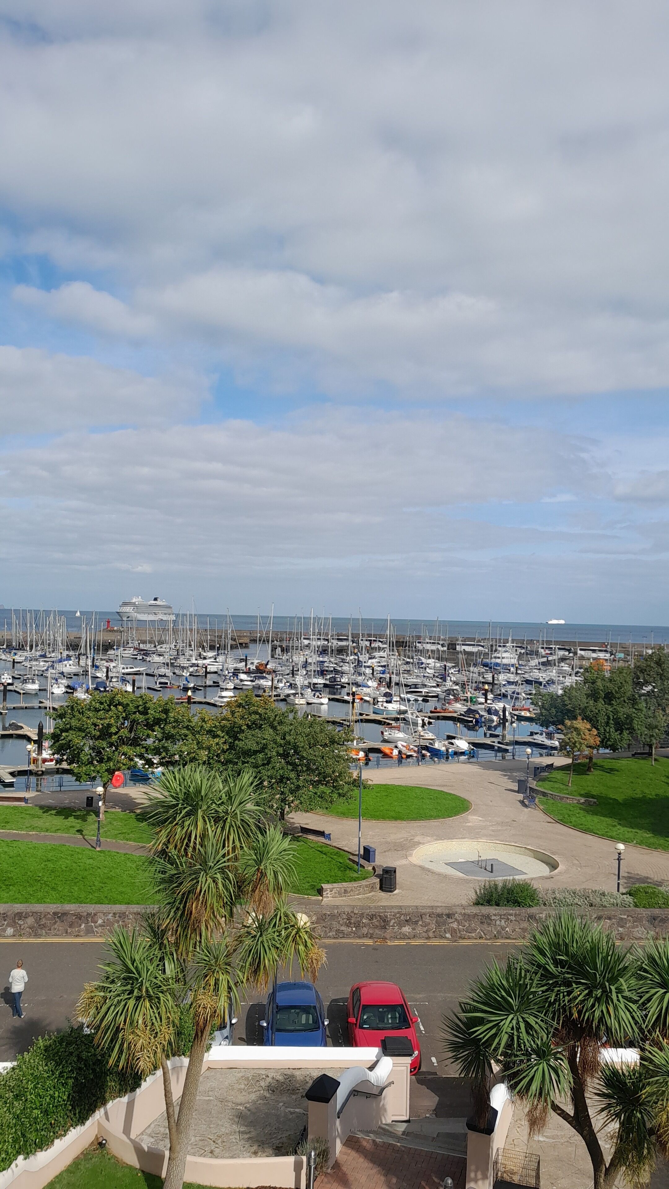 Una marina con numerosos barcos amarrados, un estacionamiento con algunos coches y una zona verde con palmeras.