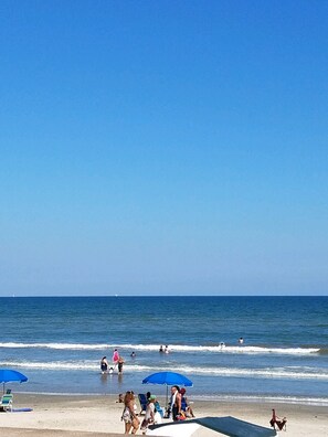 On the beach, sun loungers, beach towels