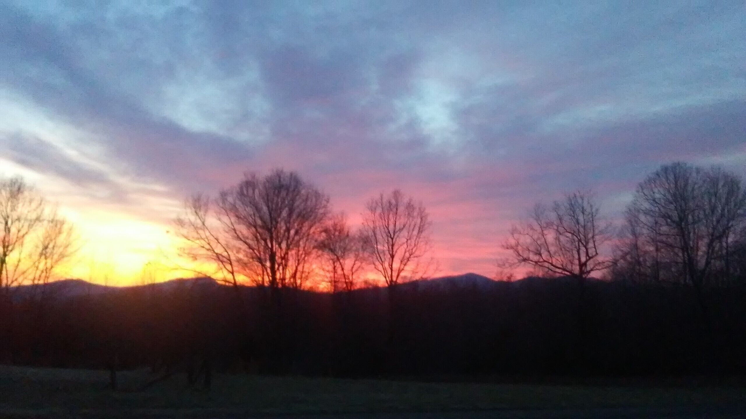 A sunset over a landscape with bare trees and distant hills.