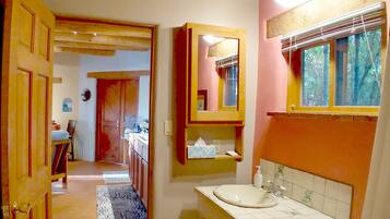 Combined shower/tub, hair dryer, towels, soap