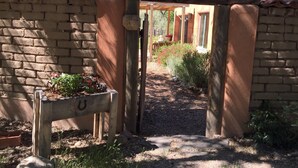 Una rústica puerta de madera que da a un espacio exterior cubierto con un muro de ladrillo y un banco de madera.