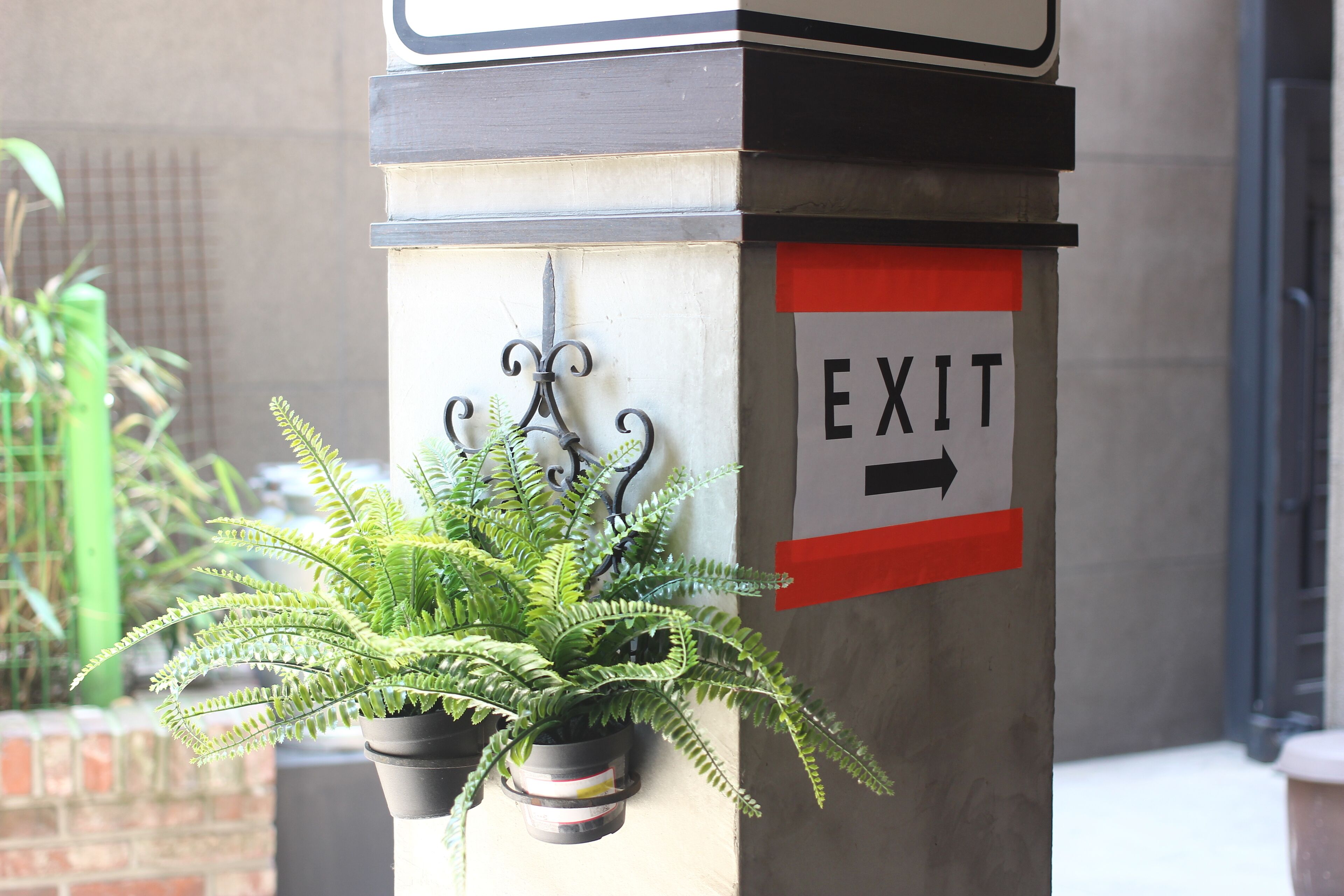 An exit sign on a building pillar with a potted fern plant.