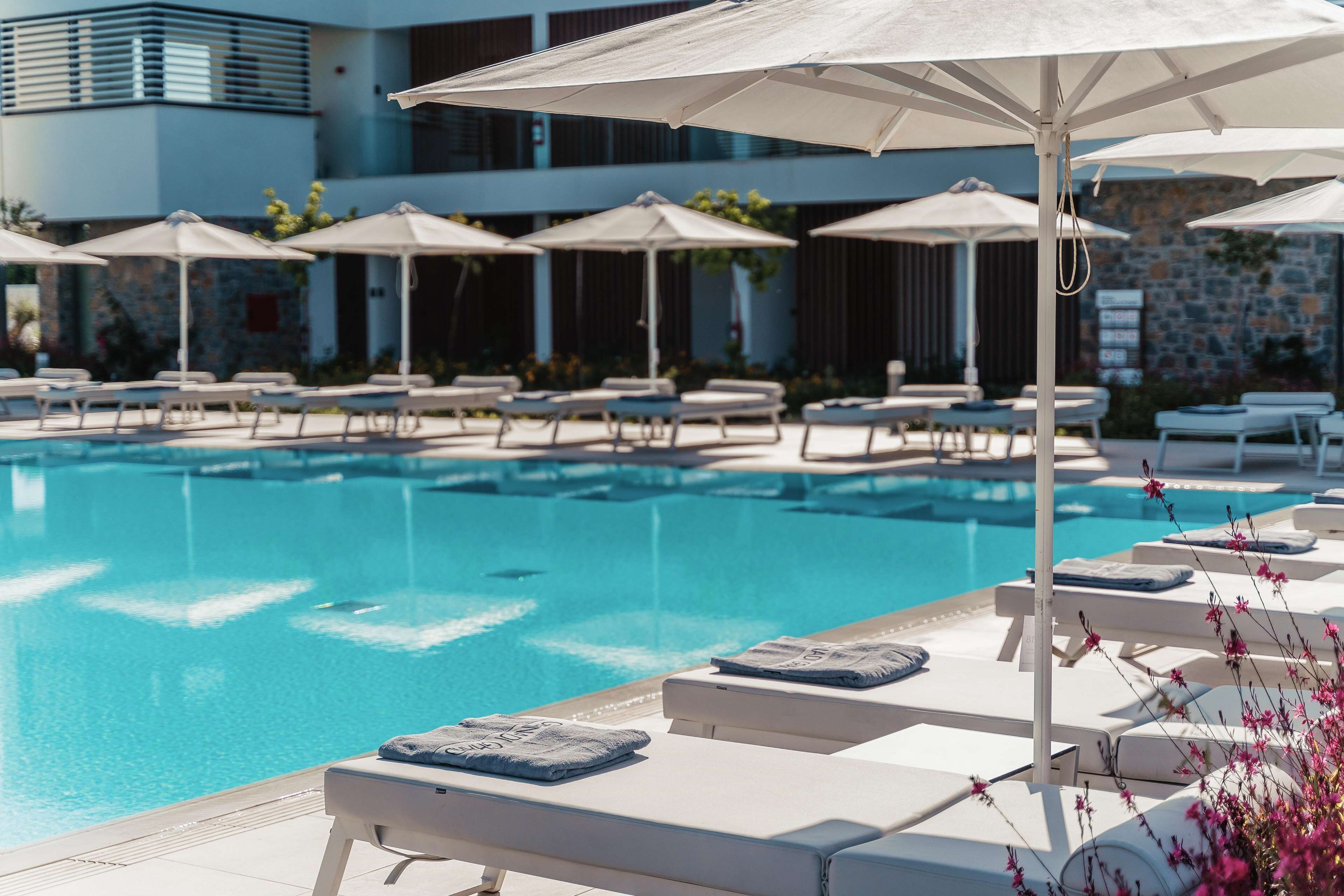A pool area with lounge chairs and umbrellas, a clear blue pool, and a stone wall in the background.
