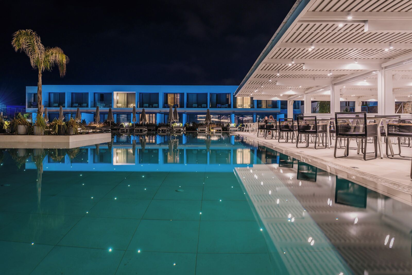 A nighttime swimming pool with a reflection of the building and palm trees.