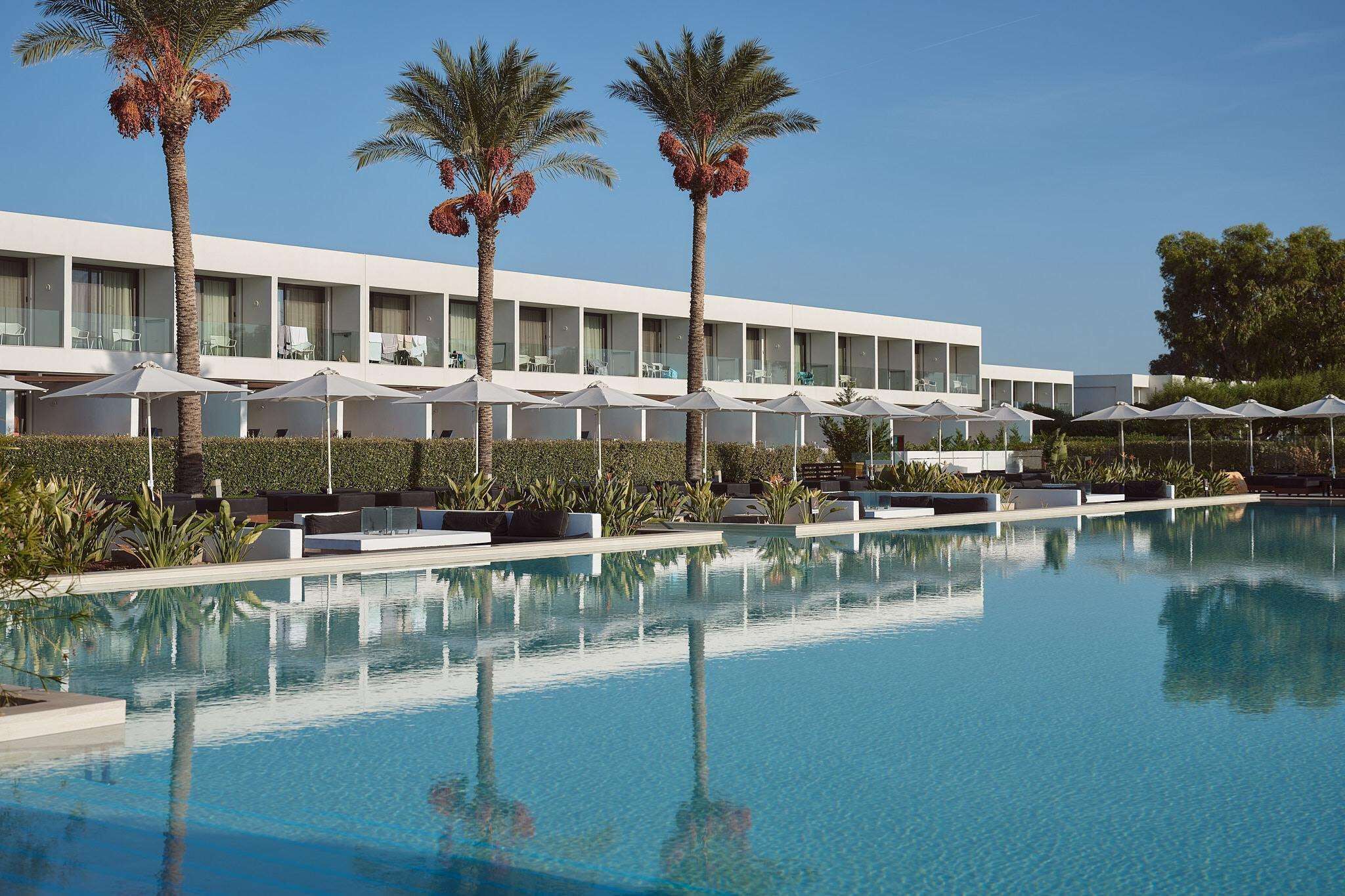 Ein modernes Hotel mit Pool, Palmen und Außenbereich.