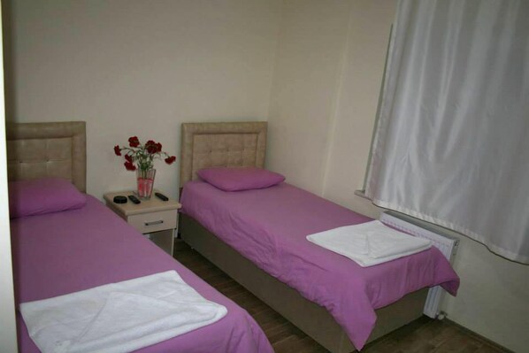 Una habitación con dos camas, cada una con una colcha púrpura y una toalla blanca. Hay una mesita de noche con un jarrón de flores rojas y un control remoto.