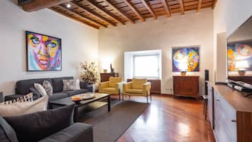 Smart TV, chimenea, reproductor de DVD y libros
