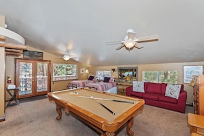 TV, fireplace, DVD player - Fawn Hollow by Destination Big Bear : Spa! Pool Table! Internet! Wood Burning Fireplaces! Minutes from Bear Mtn! (Big Bear City)