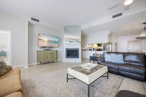 Flat-screen TV, fireplace