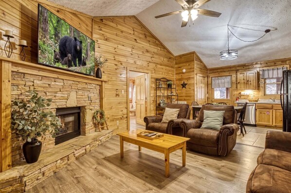 Smart TV, fireplace, DVD player