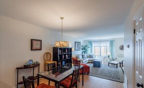 Flat-screen TV, DVD player, video library