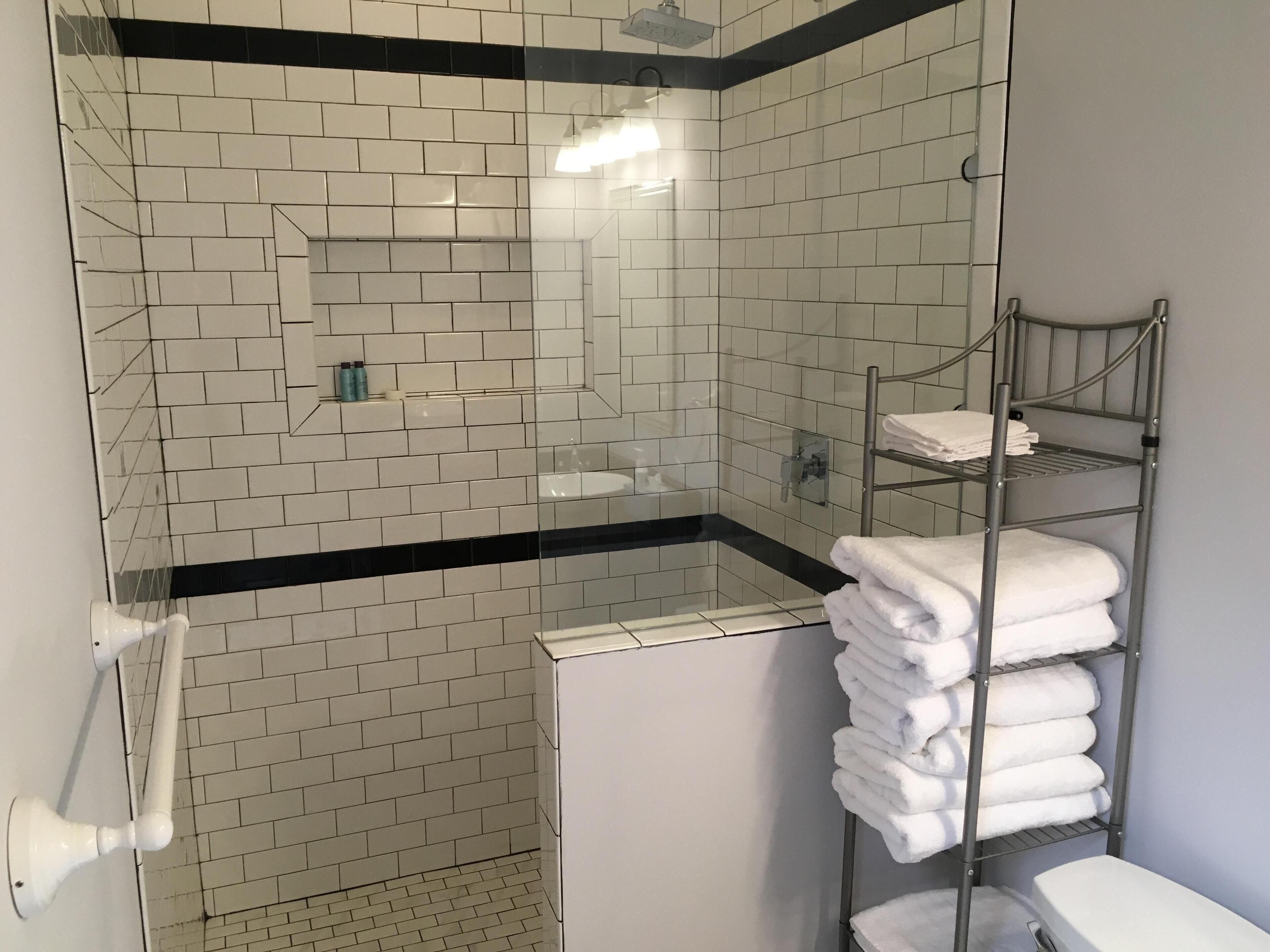 Chuveiro, secador de cabelo, toalhas de banho, sabonete