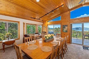 Dining - What A View by Destination Big Bear : Castle Glen Estates: Lake & Mountain Views! Hot Tub! Propane BBQ! Ping Pong! (Big Bear Lake)