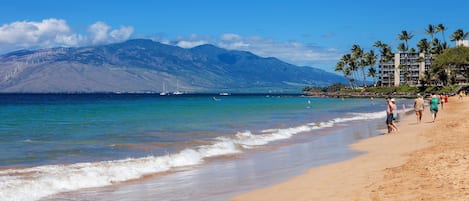 A beach with clear blue water, a mountain in the background, and a few buildings with palm trees.