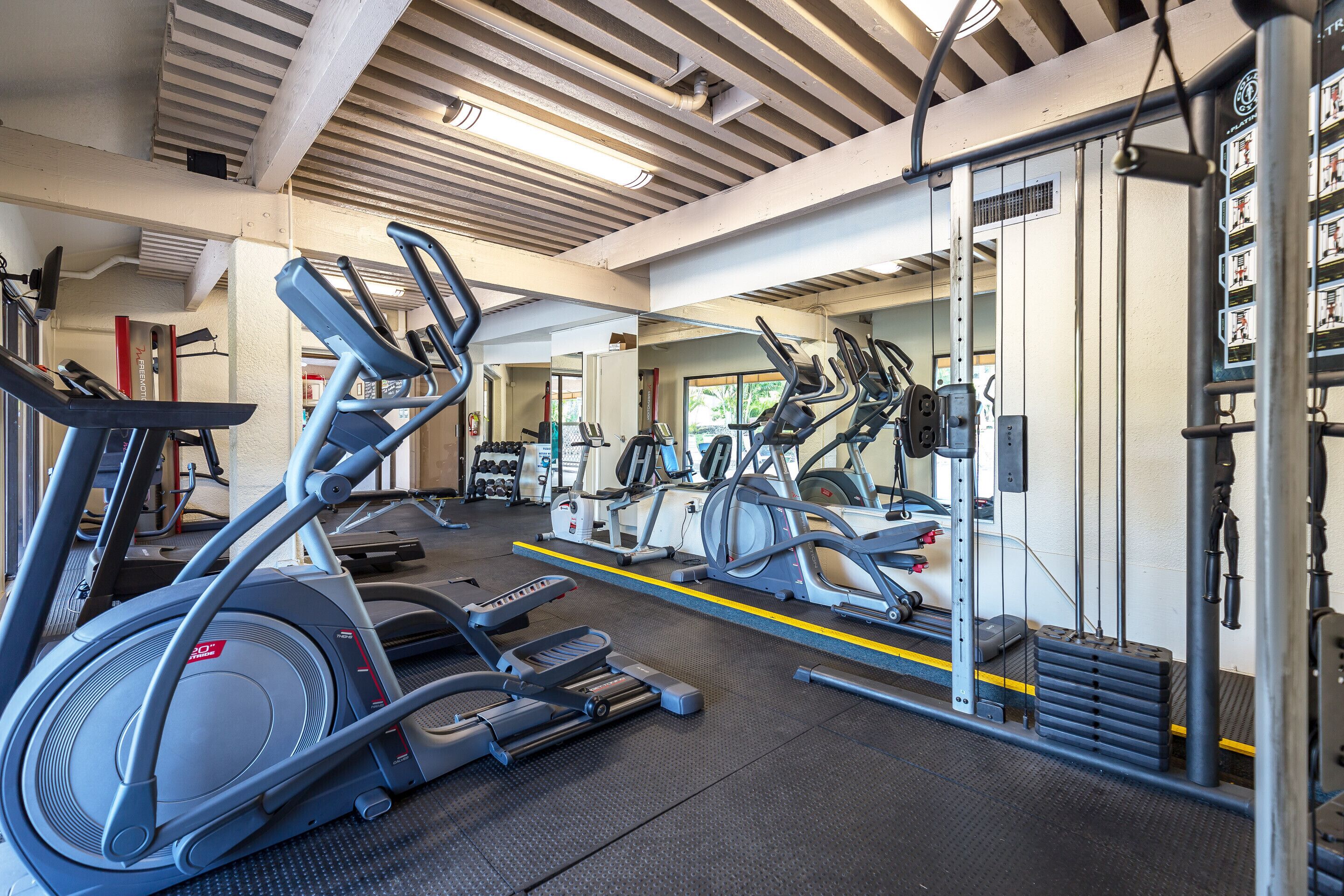 A gym with treadmills, elliptical machines, and weight equipment.