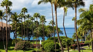 Un resort tropical con palmeras, una fuente y vistas al océano.