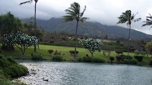 A serene landscape with a pond, palm trees, and a mountain in the background. - Partial Ocean View from private lanai, Queen Bed.....fully furnished condo (Kihei)