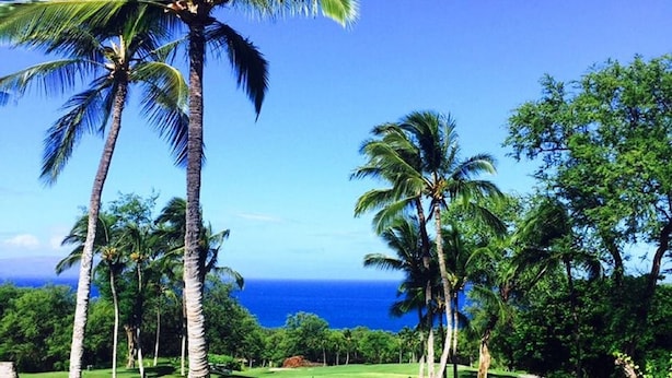 A golf course with palm trees and a view of the ocean. - Partial Ocean View from private lanai, Queen Bed.....fully furnished condo (Kihei)