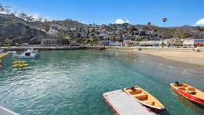A coastal town with a marina, boats, and a hillside with buildings. - 5 Bdrm Home, Vaulted Ceilings, Amazing 180 Degree Ocean View - 176 Middle Terrac (Avalon)