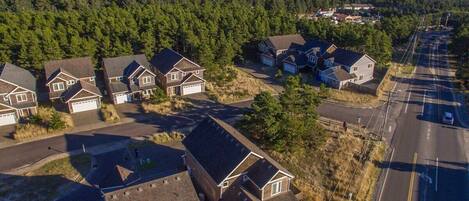 A residential area with houses, a road, and a forested hill in the background.