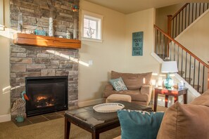 Smart TV, fireplace, DVD player, books