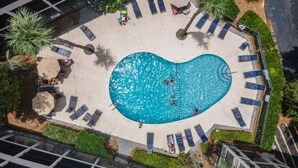An aerial view of a swimming pool with lounge chairs and palm trees.