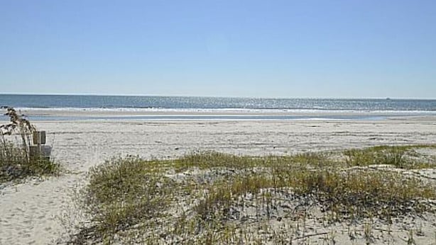 Ein Strand mit sandigem Ufer, spärlicher Vegetation und wolkenlosem Himmel.