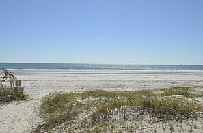 A beach with a sandy shore, sparse vegetation, and a clear sky.