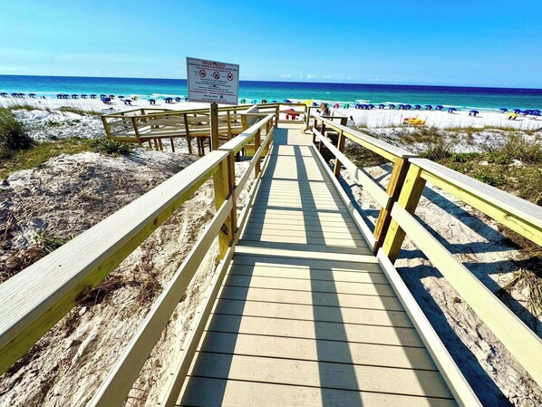 On the beach, sun-loungers, beach towels