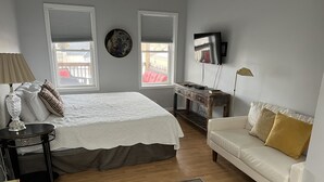 Un dormitorio con una cama, un sofá, un televisor, una lámpara y una alfombra.
