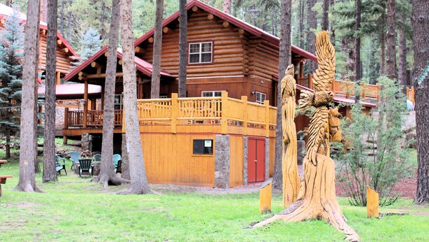 A log cabin with a balcony and a wooden sculpture of a bird. - River Tranquility managed by Cabin Butler (Greer)