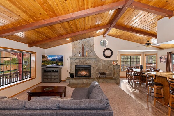 TV, fireplace, table football