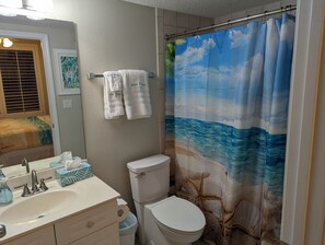 Combined shower/tub, hair dryer, towels, soap