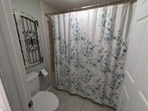 Combined shower/tub, hair dryer, towels, soap