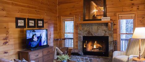 Smart TV, fireplace, video games, DVD player